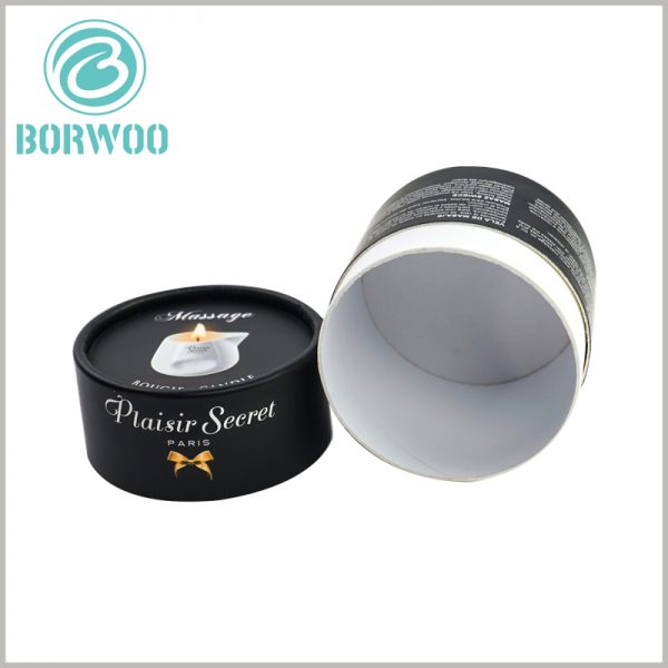 black cylinder candle boxes packaging. White cardboard is the main raw material of the paper tube. The thickness of the inner tube and the outer tube are both 0.8mm, making the packaging firm.