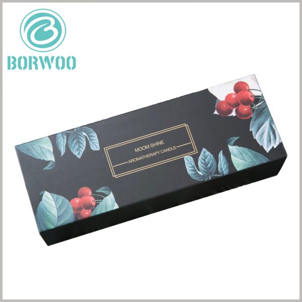 black drawer candle boxes packaging with logo. The packaging pattern formed by CMYK printing is closely related to the fragrance and characteristics of candle products, which is more conducive to customers to understand the product.