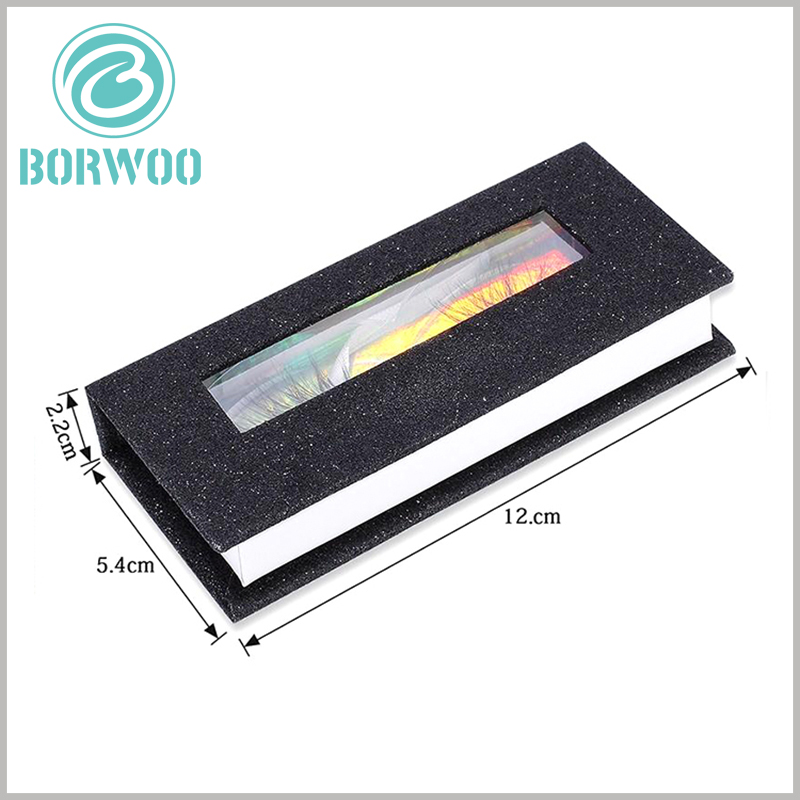 black glitter eyelash box packaging with window. The length of the rectangular cardboard eyelash packaging is 12cm, the width is 5.4cm, and the height is 2.2cm, which can be used as a reference