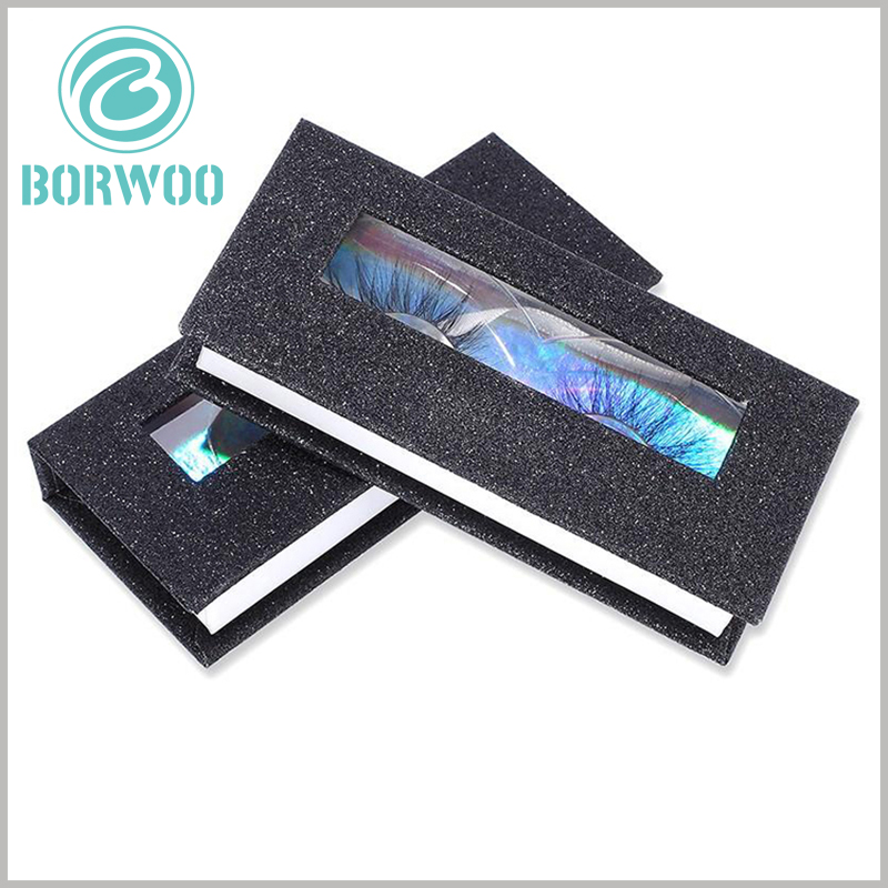 black glitter eyelash box packaging with windows. The PVC window on the top of the package increases the visibility of the window package and increases the chance of direct product display.