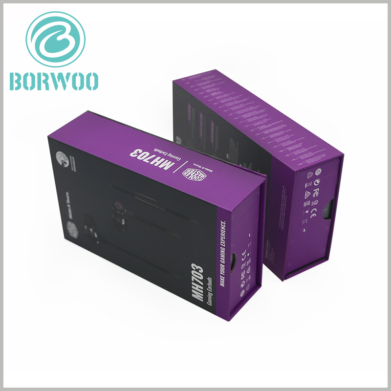 black headphone packaging boxes wholesale. On the side edge of the top of the customized packaging box, there are finger-like semi-circular grooves to make it easier to open the package.