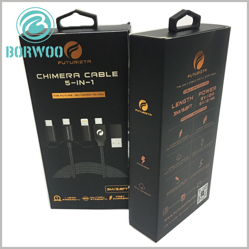 black packaging for 5 in 1 chimera cable. By customizing the main pattern of packaging and printing, you can quickly understand the characteristics and innovation of cable, and customers can quickly make a purchase decision