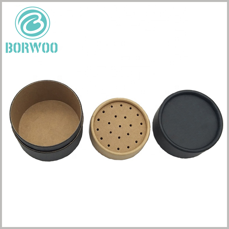 black paper tube for seasoning packaging. The kraft paper sieve inside the black tube package can be disassembled to facilitate putting in or taking out the product.