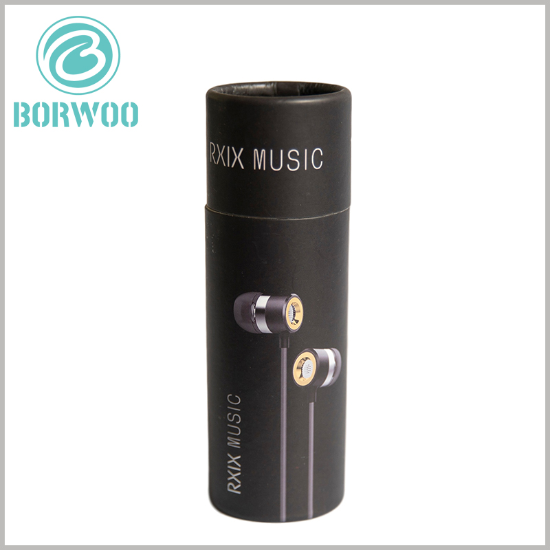 black paper tube packaging for earbuds headset. The style pictures of the earphones are directly printed on the packaging of the small-diameter cardboard tube, so that customers can understand the product directly after seeing the packaging.