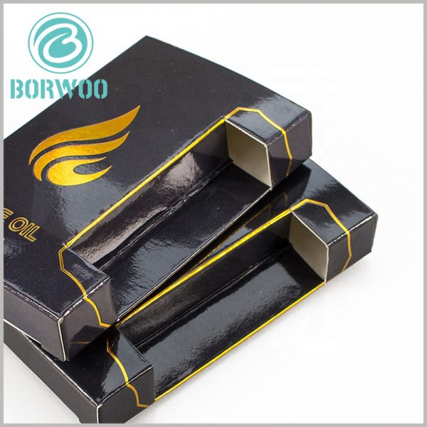 black small boxes for CBD oil packaging. The structure of the black packaging box is ingeniously designed according to the characteristics of the product, so that the packaging can be fully adapted to the product.