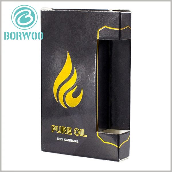 black small boxes for cannabis oil packaging. The creative packaging design allows most of the small essential oil bottles to be exposed to the outside, and customers can directly touch the essential oil bottles to improve user experience.