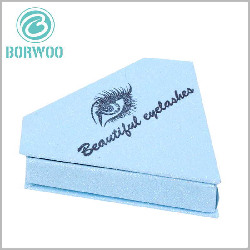 blue diamond shape eyelash packaging with logo. The blue packaging box has a bright visual sense, which is helpful to improve the artistry and attractiveness of the packaging.