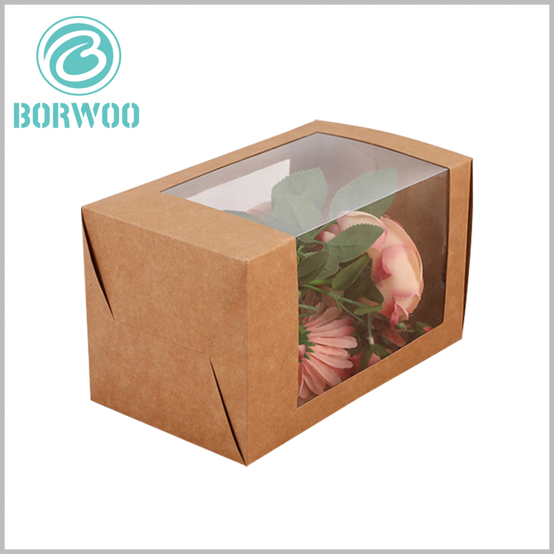 brown Kraft paper boxes with window for flower packaging. Brown kraft paper packaging has the characteristics of being completely foldable, and the packaging can greatly reduce transportation costs during transportation.