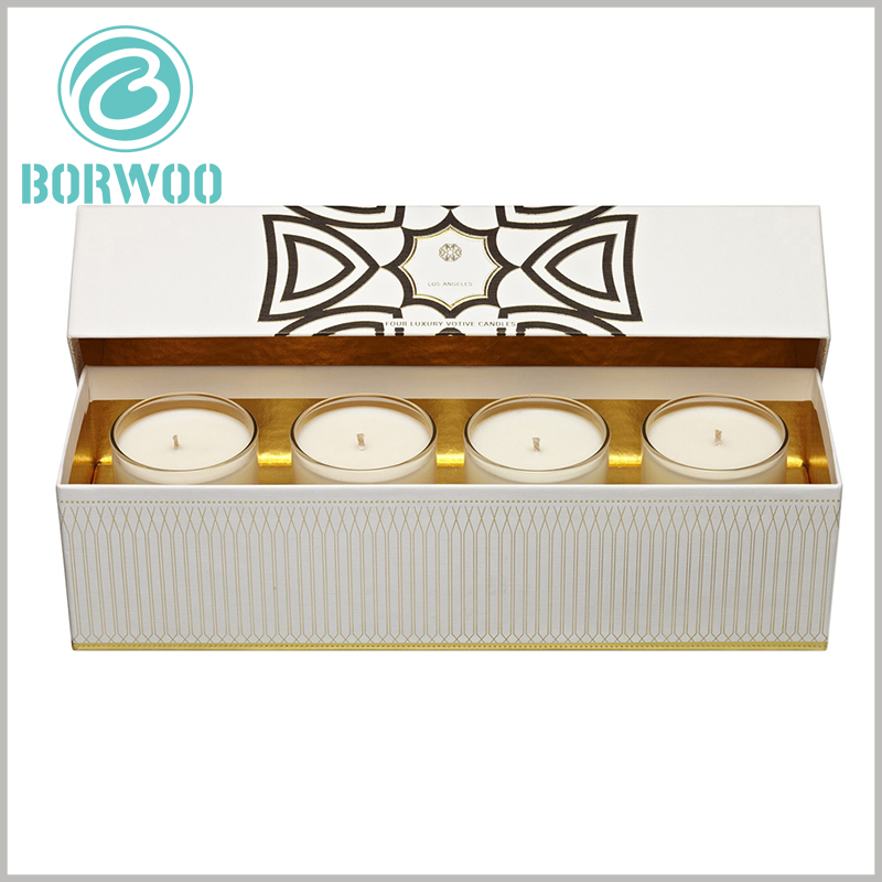 cardboard candle boxes packaging for 4 jars. The inside of the customized packaging is decorated with gold cardboard, which further reflects the high-end and value of the candle.