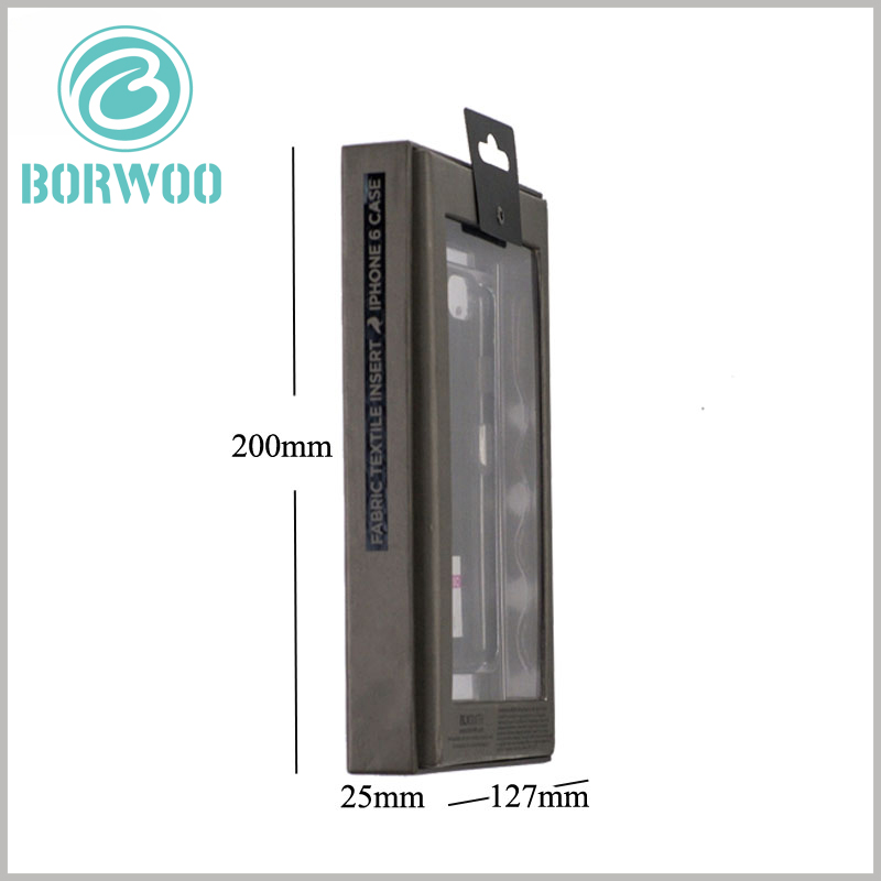 cell phone case packaging with window. Black mobile phone accessories packaging, the reference size of the packaging is 127mm×25mm×200mm. However, the size of the packaging is not fixed and can be customized according to the product.