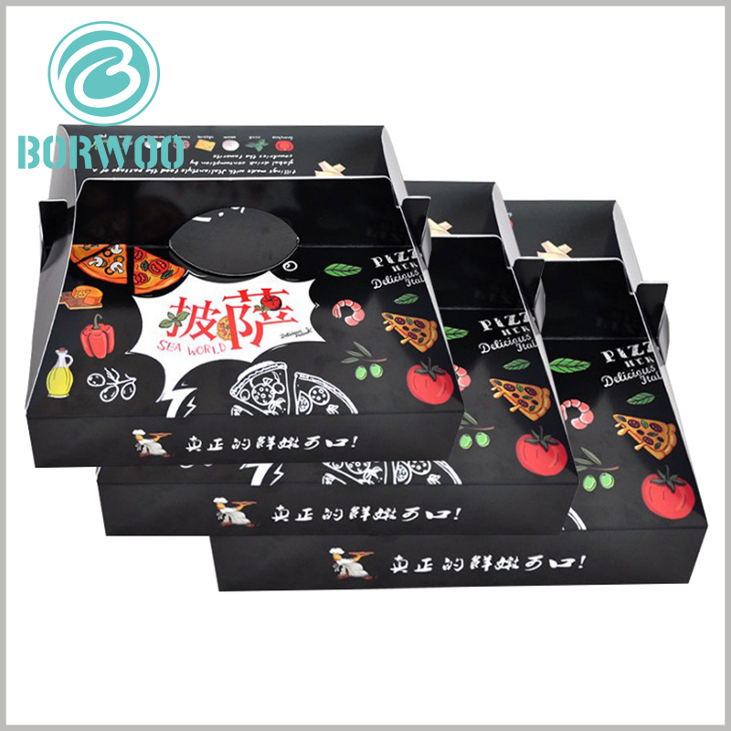 cheap pizza boxes with handles. 350gsm cardboard is used as a raw material for pizza packaging, which greatly reduces the manufacturing cost of food packaging.