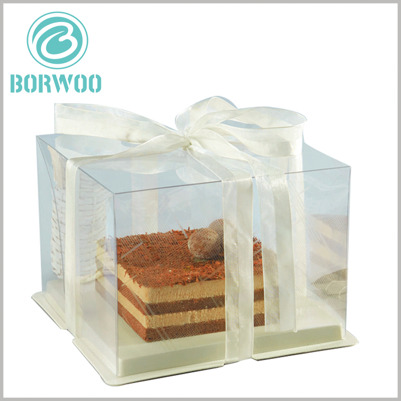 clear cake boxes with ribbon. You can use ribbons of different colors as decoration to increase the appeal of cake packaging.