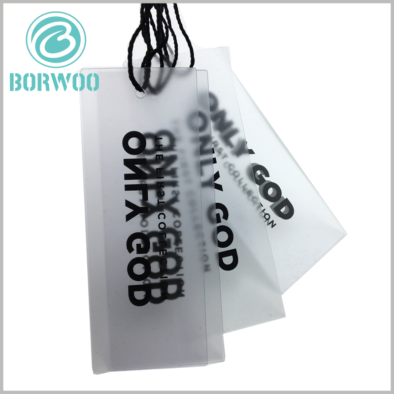 clear plastic hang tags with logo.Transparent pet is used as the raw material of plastic label. After frosting process, the label is translucent.