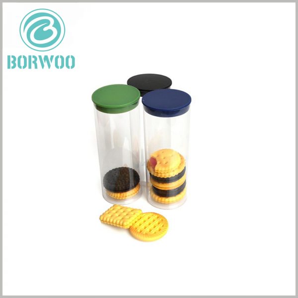 clear plastic tube packaging for cookies. The colored plastic cover fits perfectly with the body part of the tube, ensuring the tightness of the package and the freshness of the biscuits.