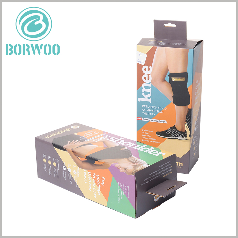 colored corrugated packaging for sports brace.There is a paper label (hook) on the top of the sports package to facilitate the display of the product on the shelf.