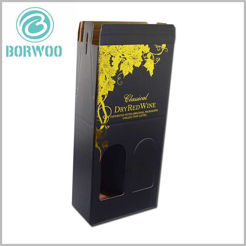 corrugated wine boxes for double bottle, with bronzing printed. The content formed by hot stamping and printing improves the luxury and product value of wine packaging.