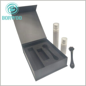 The interior of the cosmetic gift set packaging uses EVA inserts to hold different products, achieving a perfect fit for the products inside the box.