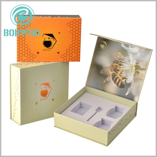 creative food packaging for honey. Customized packaging can meet the needs of honey, and the white EVA inside the packaging can fix the food can to maintain product stability.