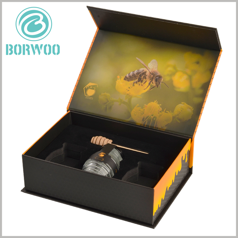 creative food packaging for honey boxes. The black flocking EVA is used to fix 3 bottles of honey glass jars to maintain the stability of the product.