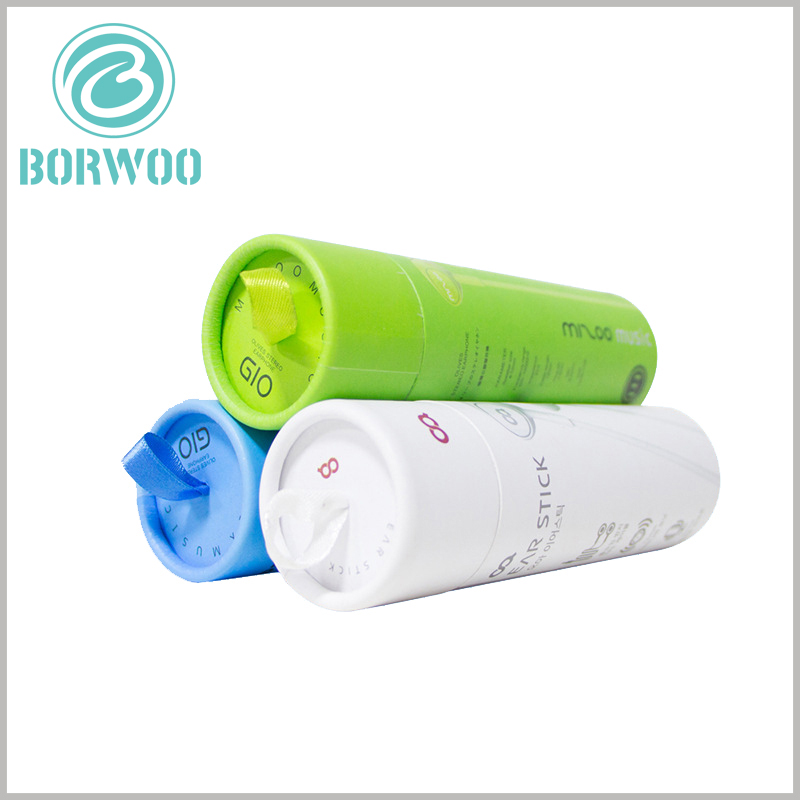 creative small paper tube for earphone packaging. There is a thin silk pull ring on the top of the small cardboard tube packaging, which can play a decorative packaging role
