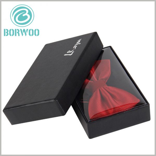 custom black bow tie packaging box with logo. There is also a transparent PVC cover inside the black package, which is used to protect the product and has a good display effect.