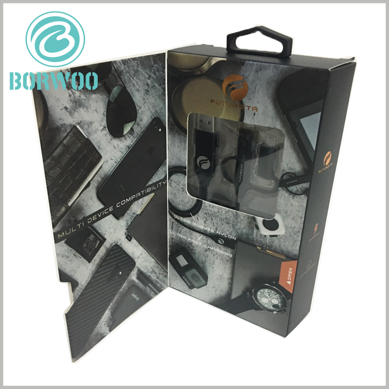 custom black packaging with window for 5 in 1 chimera cable. At the sealing part of the package, a pvc window is designed to allow the product to be fully displayed when the package is sealed.
