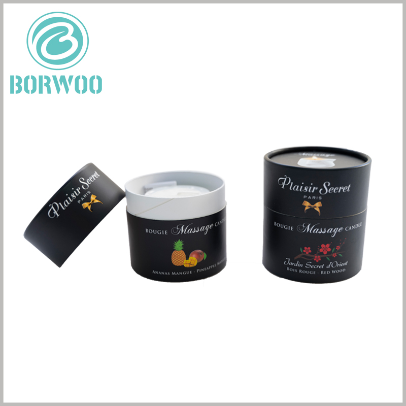 custom black round candle boxes packaging. The printed content of customized tube packaging is closely related to the characteristics of the product, mainly reflecting product differentiation.