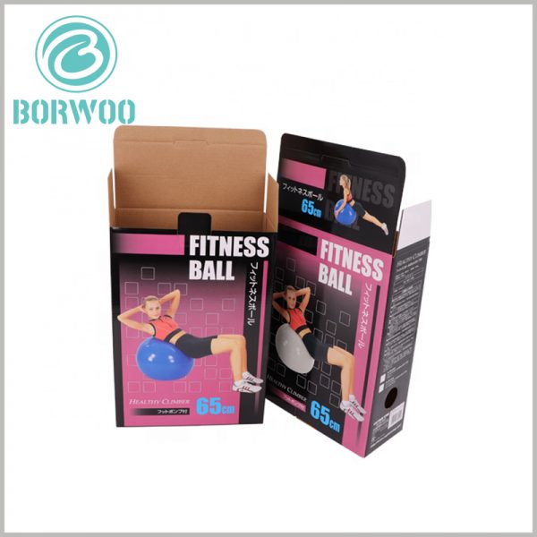 custom corrugated paper packaging for fitness ball. The corrugated paper packaging has a buckle at the seal, which can firmly fix the packaging seal.