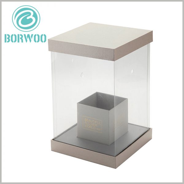 custom dispaly boxes for flower packaging. The customized flower packaging uses cardboard and PVC film as raw materials. The PVC film surrounds the main body of the package, which can fully display the characteristics of flowers.