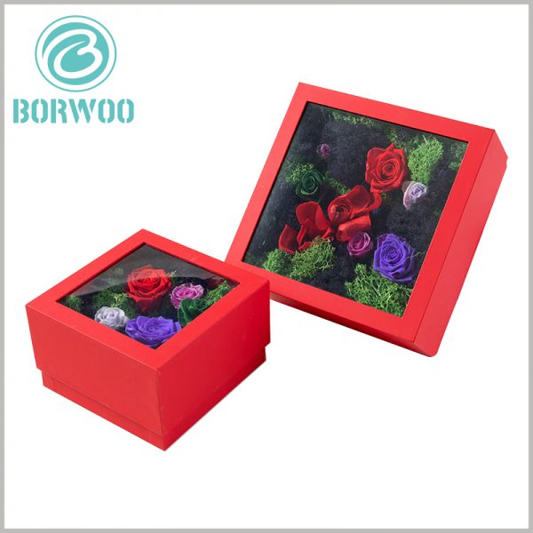 custom flower packaging boxes with pvc windows. The customizable flower packaging has different sizes to meet different marketing needs.
