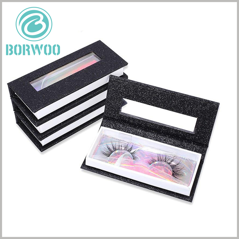custom glitter eyelash box packaging with window. The transparent blister tray is used to fix the false eyelash products, so that the false eyelashes can be placed and displayed side by side.