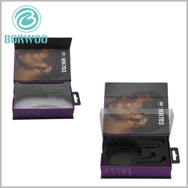 custom headphone packaging boxes wholesale. The customized packaging has a PVC cover inside and a cardboard cover on the outside, which is a good packaging design for electronic products.