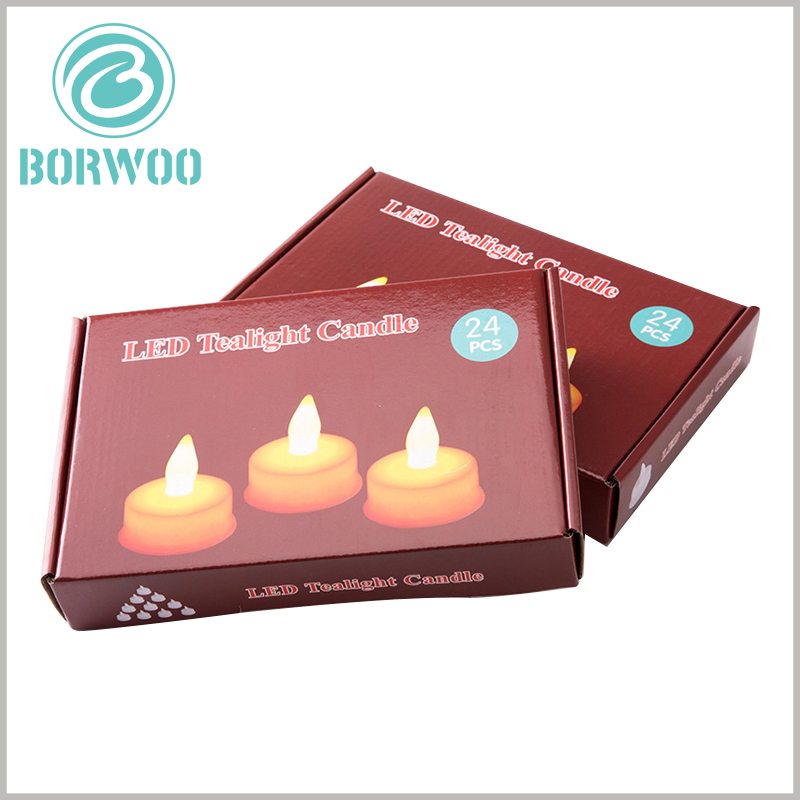 custom led tealight candles boxes. The candle packaging uses a red background, and the LED candle light pattern is printed on the top of the box.