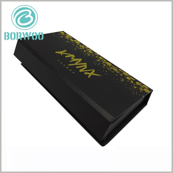 custom luxury black gift boxes for eyelash. The brand name or logo is printed by bronzing, which is very helpful for brand building. This type of false eyelash packaging design is very popular.