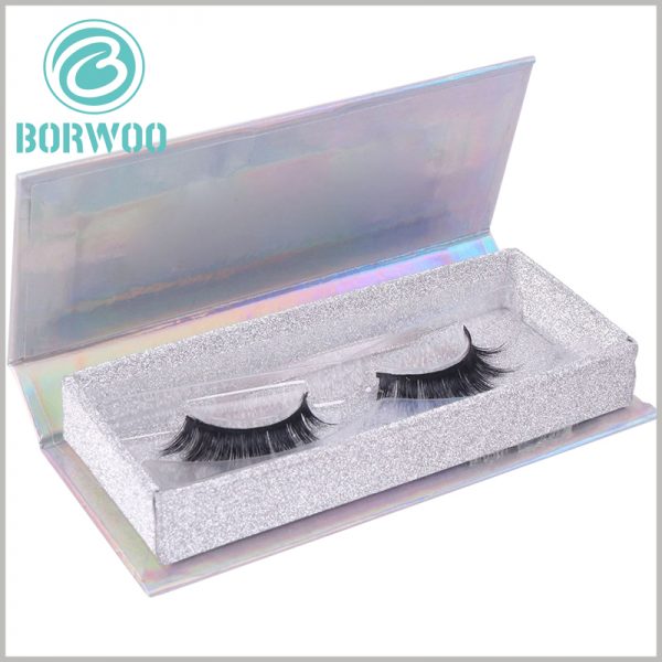 custom luxury silver glitter eyelash box packaging. There are clear blister packaging inside the fashion cosmetic boxes to fix the mink eyelashes.