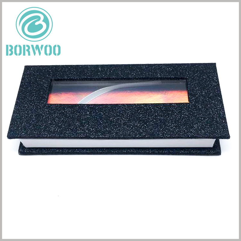 custom mink eyelash box packaging with window. The shiny black paper is used as the laminated paper for packaging, which improves the artistry and attractiveness of false eyelash packaging.