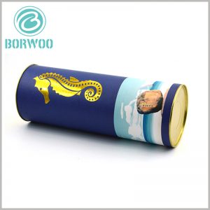 custom paper food tube packaging with Metal cover. The bottom of the customized paper tube is sealed and packaged with a metal iron cover, which is one of the most common practices for food tube packaging.