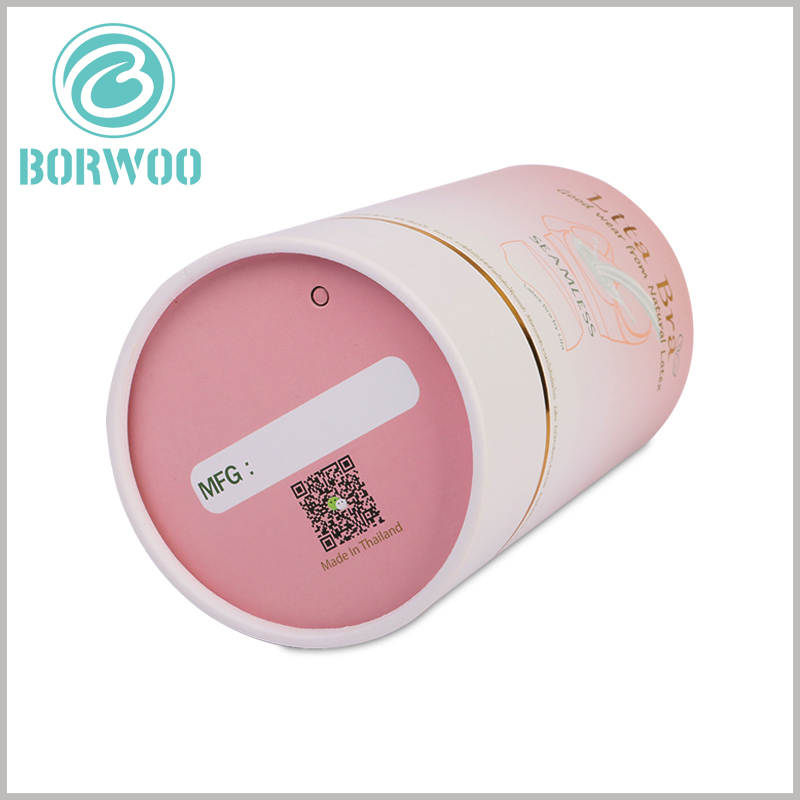 custom paper tube box for bra packaging. The QR code printed on the bottom of the customized cylinder packaging is one of the ways to promote more brand information.