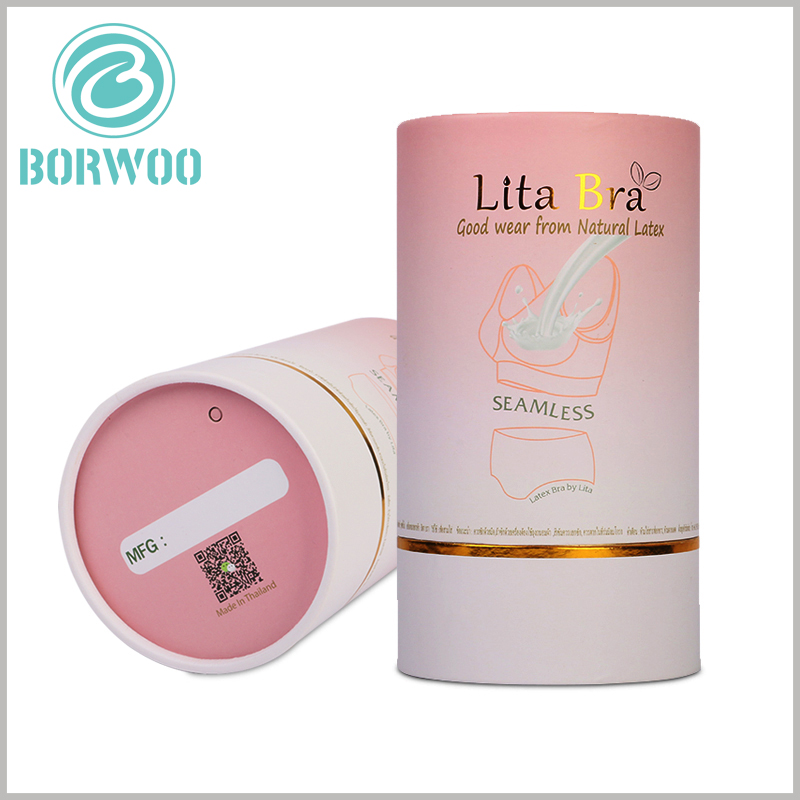 custom printable paper tube for bra packaging. The body part of the round boxes package is printed with product pictures, product feature promotional information, etc., so that customers can quickly understand the characteristics of the bra.