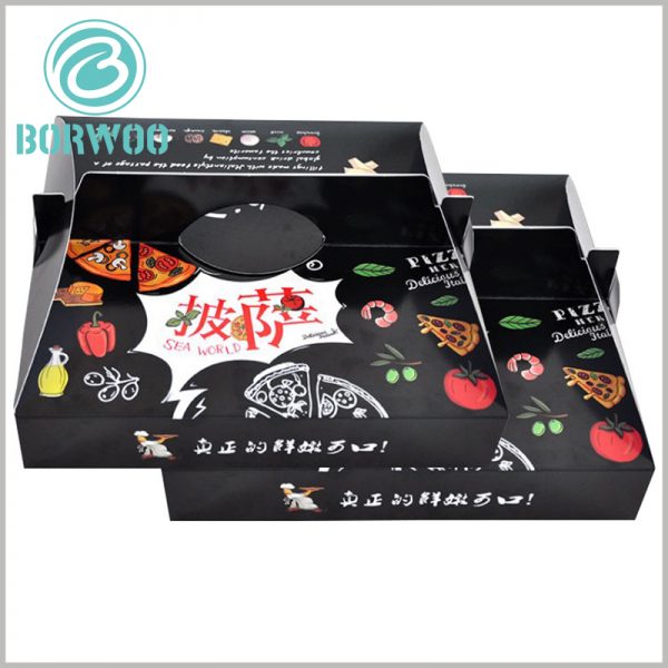 custom printed pizza boxes with handles. Printable corrugated paper packaging is an important way for pizza shops or chain stores to promote information, which can increase the attractiveness of brand.