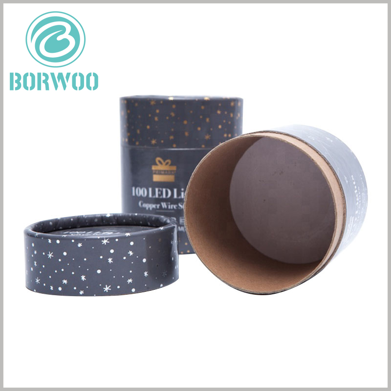 custom round boxes with lids for 100 led lights. The paper tube packaging is made of high-quality kraft paper as one of the raw materials, and the laminated paper is printed 128gsm coated paper
