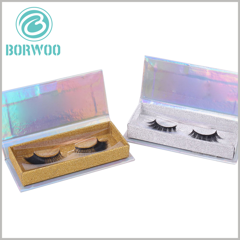 custom silver glitter eyelash box packaging. The inner box of customized eyelash packaging boxes, using gold cardboard or hard cardboard as decoration, is more conducive to bring out the value of the product.