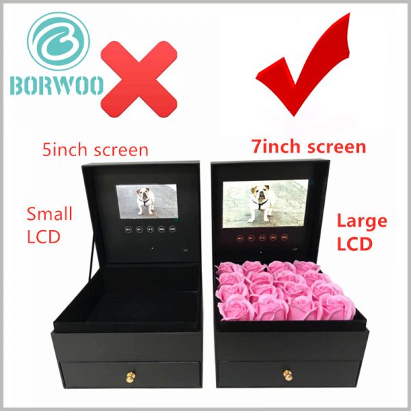 flower packaging boxes with video screens wholesale. The 7-inch video screen has a better visual angle than the 5-inch video screen, which enhances the experience of flower packaging.