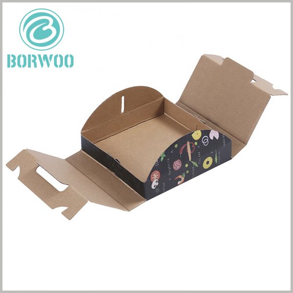 foldable Corrugated pizza boxes with handles. The corrugated paper packaging can be spread out flat when not in use, which saves the packaging space and storage space to the greatest extent.