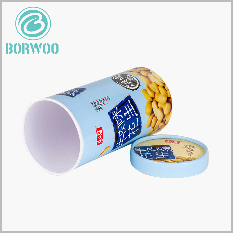 food grade peanut packaging boxes. The bottom of the food-grade paper tube packaging is pure white, and the other parts of the cylindrical packaging are colored patterns and text.