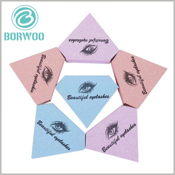 glitter diamond shape eyelash packaging with logo. It is very necessary that the false eyelash brand is printed on the top of the boxes, which can increase the value of the product and facilitate brand building.