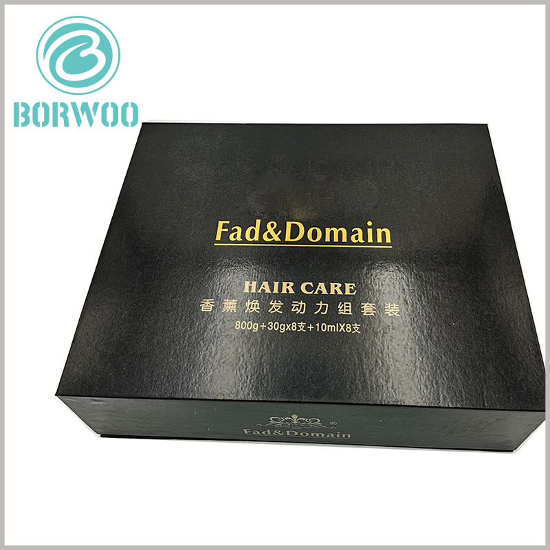 hair care product packaging boxes. The black packaging box can be customized, and the text formed by bronzing printing can be advertised for specific products and brands.