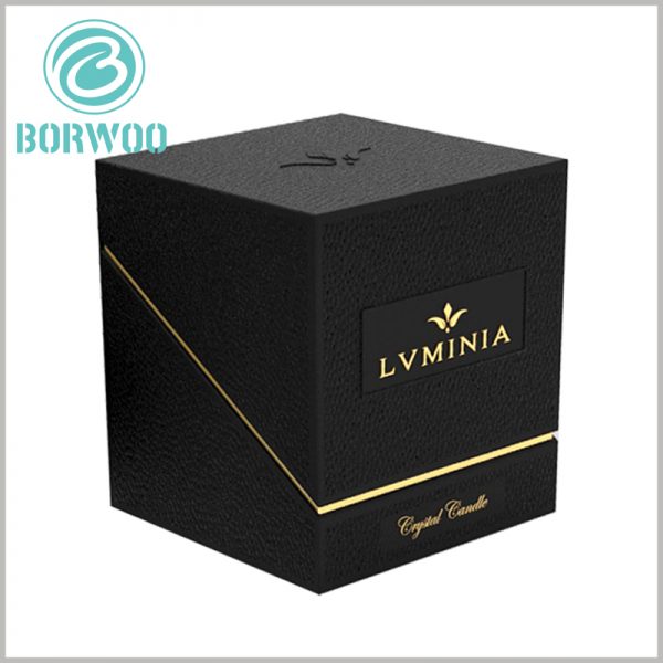 high-end black candle packaging boxes with logo. The black art paper and patterns completely cover the surface of the candle packaging, which can better reflect the elegance of the product.
