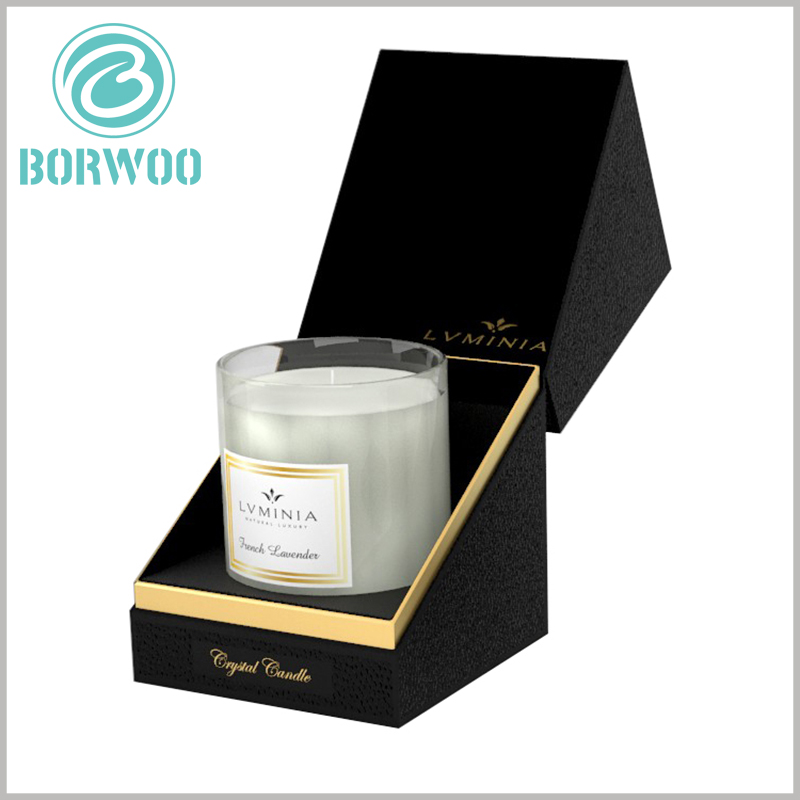 high-end black cardboard candle jar packaging boxes. There is high-density black EVA inside the candle package, which is easy to fix the candle glass bottle and maintain the product stability.