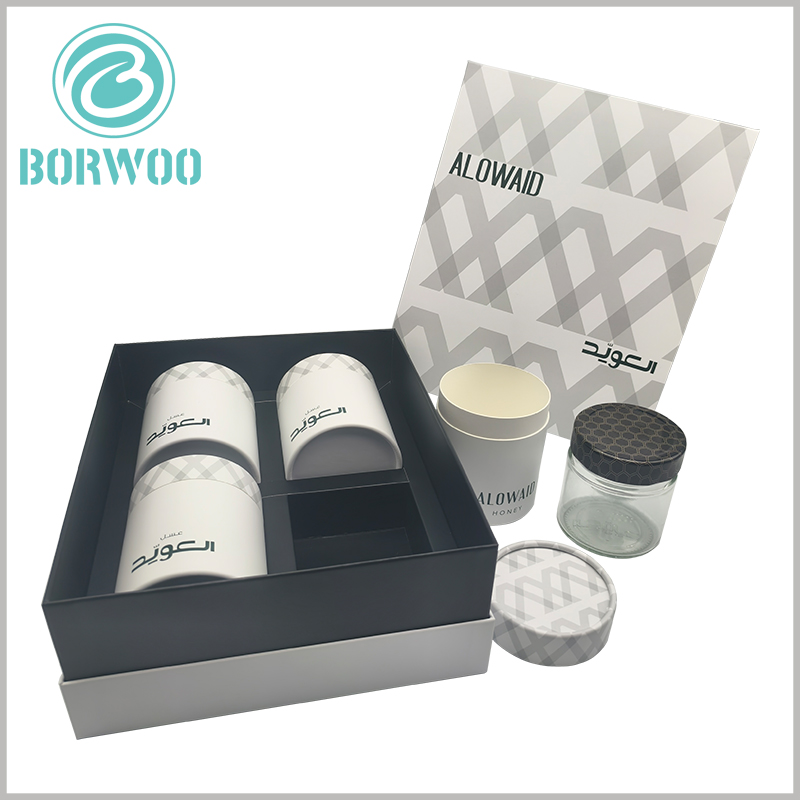 honey jar packaging tube and 4 jar gift box custom, unique packaging design can make the product get better value.